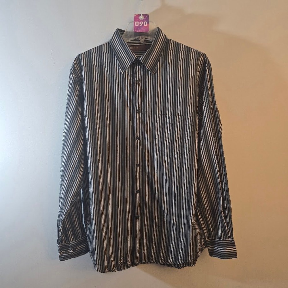 Perry Ellis Mens Long Sleeve Button Up Shirt Black Grey Striped Cotton Size L